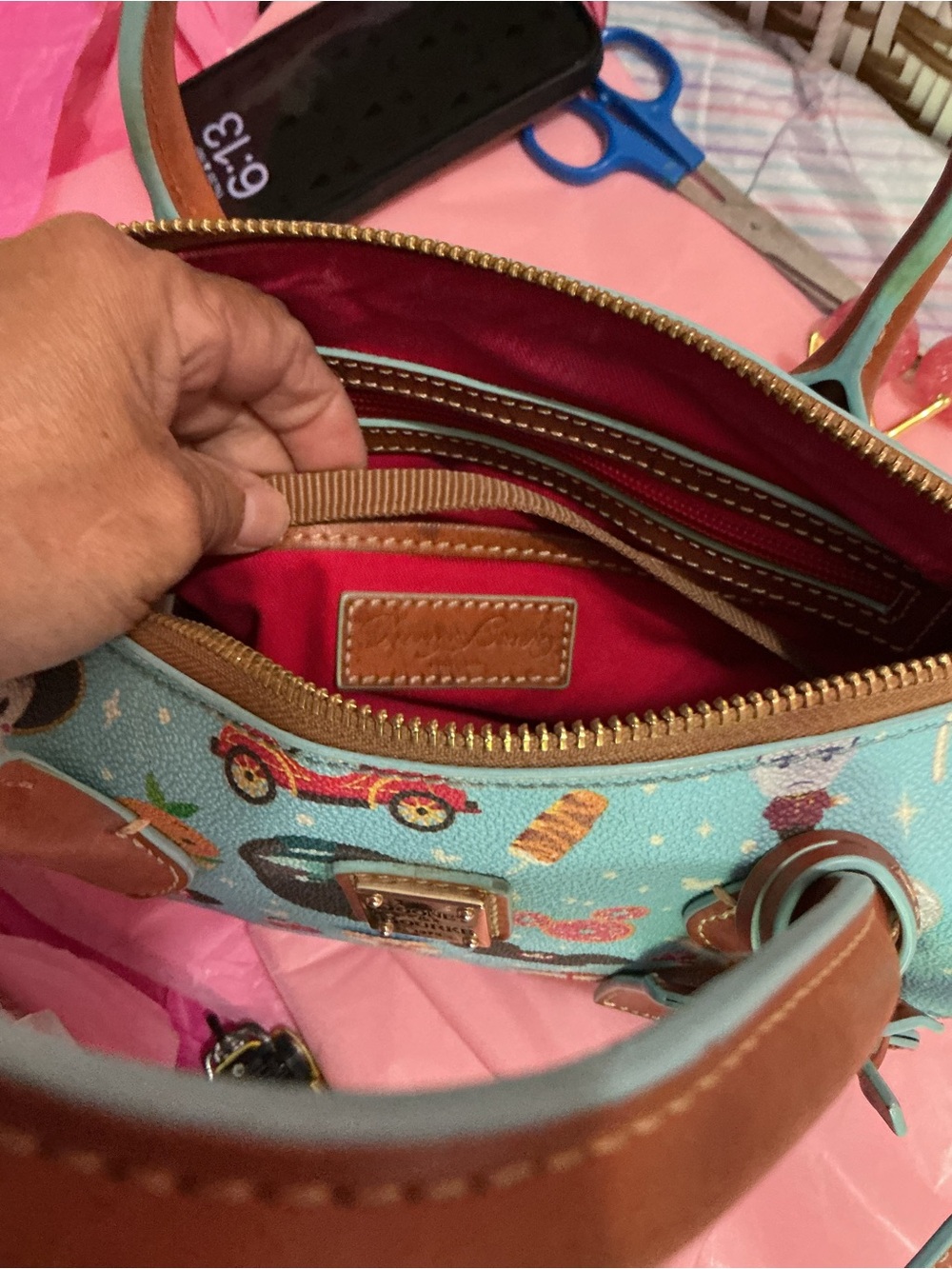 Dooney & Bourke Light Blue Novelty Print Satchel with Brown Trim - Picture 7 of 9